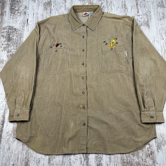 Vintage Looney Tunes Tweety Bird Corduroy Button Longsleeve Shirt Size XL - Picture 1 of 14